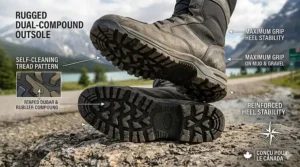 Illustration of the high-traction lugged sole design on waterproof adventure boots, built for muddy foot pegs and loose gravel on a transcontinental ride.