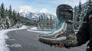 Illustration of a waterproof Gore-Tex membrane in winter motorcycle boots to protect against slush and road salt in Canada.