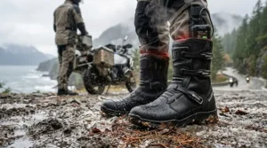 Illustration of heated motorcycle boots repelling slush and rain, ideal for Canadian spring riding conditions.