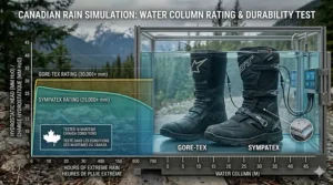 A photorealistic laboratory infographic showing both types of motorcycle boots submerged in a water tank to simulate extreme Canadian maritime rain conditions alongside a performance rating chart (bottes de moto imperméables).