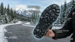 Close-up illustration of high-grip rubber outsoles on insulated motorcycle boots for stability on icy Canadian surfaces.