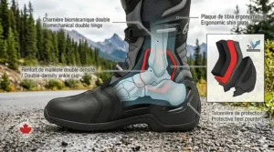 Detailed view of reinforced internal ankle protection system on Alpinestars motorcycle boots.