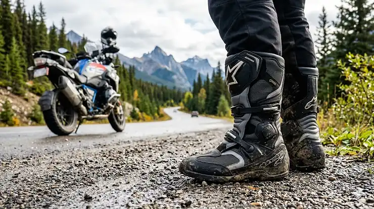 Person riding a motorcycle in rain wearing Alpinestars Gore-Tex boots for all-weather protection.