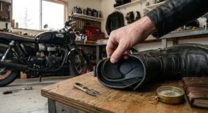 Installing an adhesive foam heel pad inside a motorcycle boot.