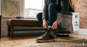 Graphic checklist of essential gear for Canadian daily commuters featuring sleek motorcycle sneakers that look normal in an office environment.
