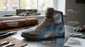 Close-up graphic of the oil-resistant, non-marking outsole on casual riding shoes engineered for motorbike traction and comfortable office floor walking.