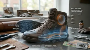 Infographic outlining maintenance and care tips for casual riding shoes to preserve their look and protective features over a long daily office commute.