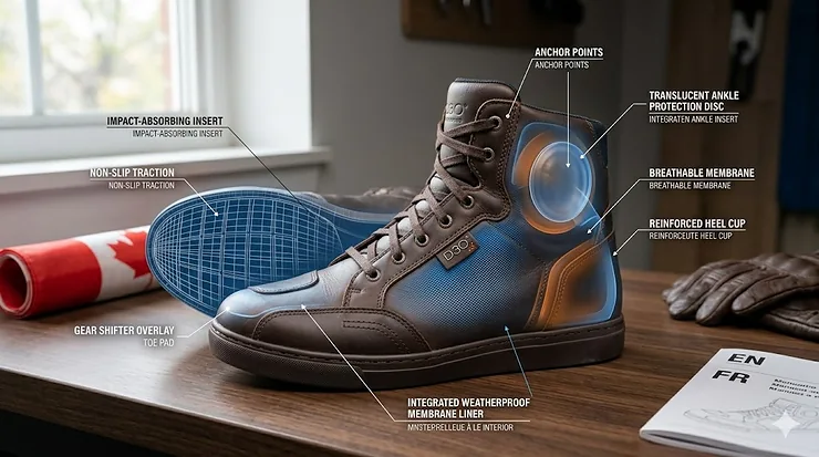 Conceptual illustration demonstrating how casual riding shoes seamlessly transition from an active motorcycle office commute to a professional business environment.
