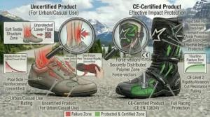 An explanatory infographic of the CE EN 13634 safety standards label found on protective motorcycle footwear sold in Canada, detailing abrasion, cut, and rigidity ratings.