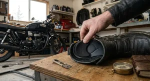 Placing a tongue pad inside a motorcycle boot to secure the foot.
