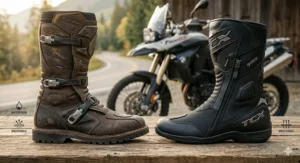 Durable leather versus breathable textile motorcycle boots, comparing protection and comfort for Canadian seasons.