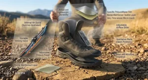Lightweight construction details featuring a Kevlar-reinforced textile layer, polyurethane film, and fine-weave micro-mesh for durability.