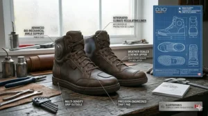 Flat-lay style guide pairing men's casual riding shoes with business-casual attire, perfect for a morning office commute in Montreal or Toronto.
