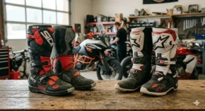 Close-up of motorcycle boot safety features comparing Sidi and Alpinestars designs for Canadian riders.