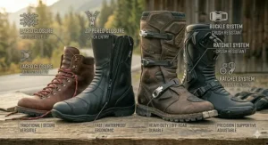 Breakdown of motorcycle boot closure systems like laces, zippers, and buckles for a secure fit.