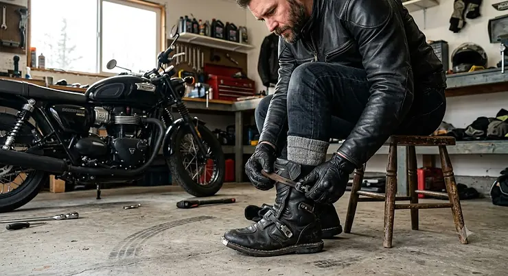 Man adjusting buckle on motorcycle boot for a secure heel fit. motorcycle boots heel too loose solution heated vest for motorcycle riding