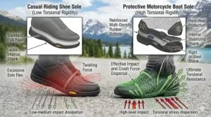 Diagram demonstrating the structural safety of a reinforced boot shank compared to a flexible low-cut motorcycle shoe sole preventing foot crushing injuries.