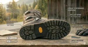 Close-up of high-traction motorcycle boot soles designed for stability on varied Canadian road surfaces.