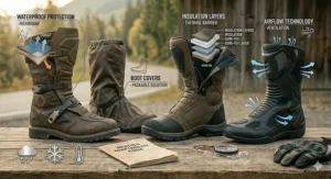 Motorcycle boots designed for diverse Canadian weather conditions, featuring waterproof and insulated options.