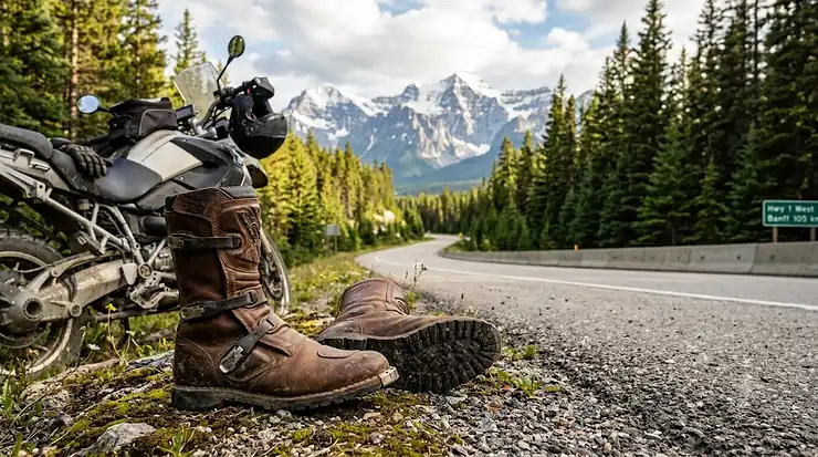 Comfortable motorcycle boots for wide feet, ideal for Canadian touring and all-weather riding.