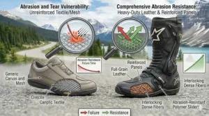 A material comparison illustration showing sliding abrasion resistance times for heavy-duty leather motorcycle boots versus lightweight mesh low-cut motorcycle shoes.