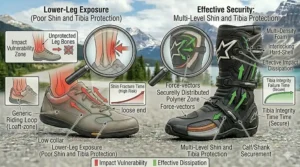 Visual guide showing the impact protection zone of a tall motorcycle boot covering the tibia and shin, which is left entirely exposed by low-cut motorcycle shoes.