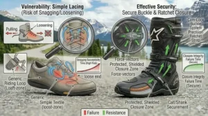 Diagram highlighting safety risks of exposed laces on casual low-cut motorcycle shoes catching on bike pegs versus the secure closure of cam-lock buckles on full riding boots.