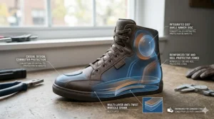 Technical illustration showing hidden safety features like reinforced ankle and toe armor inside fashionable casual riding shoes for safe office commuting.