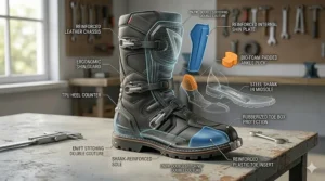 Product illustration labeling the ankle pucks, reinforced shin guards, and rigid toe box protection built into premium women's ADV boots small sizes.