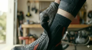 Testing motorcycle boot fit with riding socks / Tester l'ajustement des bottes de moto avec des chaussettes de conduite