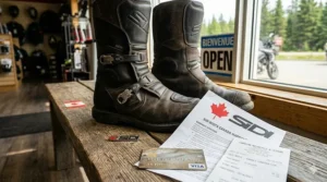 Customer holding receipt for Sidi boots as proof of purchase for Canadian warranty claims. Preuve d'achat.