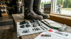 Assortment of replaceable Sidi motorcycle boot parts for long-term maintenance in Canada.