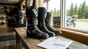 Sidi track-day racing boots featuring ankle bracing and replaceable sliders for high-performance safety.