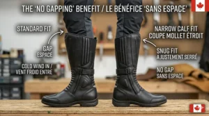 Graphic showing a snug, gap-free fit of women's motorcycle boots narrow calf / bottes de moto mollet étroit pour femmes.