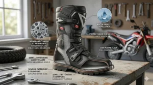 Close-up illustration of stylish women's motorcycle boots providing waterproof protection against wet, gravel-strewn Canadian spring roads.