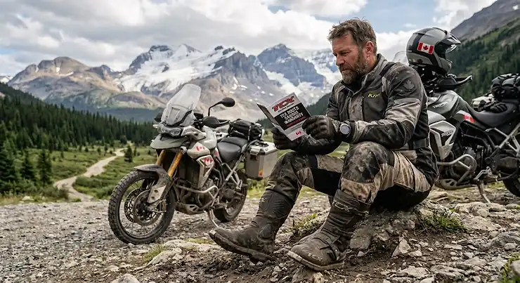 An adventure motorcyclist in the Canadian Rockies reviews a TCX boots Canada warranty booklet.