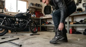 Rider testing boot stability and heel lock while standing on bike pegs.