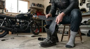 Applying a 3/4 length arch support to fix loose motorcycle boot fit.