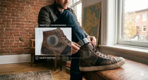 A split illustration showing how protective motorcycle sneakers look normal both while riding and sitting in a local cafe.