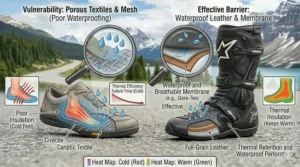 Illustration of a rider on a wet Canadian highway, contrasting the weather protection of waterproof adventure boots against water-permeable casual low-cut motorcycle shoes.