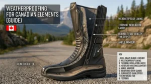 Illustration showing the interior layers of waterproof women's motorcycle boots with narrow calf fit for riding in Canadian weather.