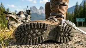 Close-up of rugged, high-traction sole on a wide-fit motorcycle boot for stable footing.
