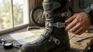 Close-up technical illustration of adjustable aluminum buckles and hook-and-loop closures on women's ADV boots small sizes, ensuring a secure fit for narrower calves.