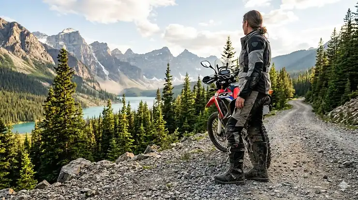 A female rider standing beside her dual-sport motorcycle on a mountain trail in Alberta, showcasing protective women's ADV boots small sizes designed for adventure touring in rugged Canadian terrain.