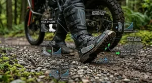 Illustration explaining the balance of rigid transverse rigidity for peg-standing and flexible toe-break zones for walking comfortably off-bike in women's ADV boots small sizes.