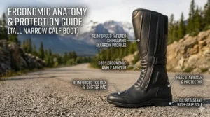 Diagram highlighting the safety features and armor points on women's motorcycle boots narrow calf design.