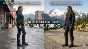 Style comparison of casual urban and long-distance touring women's motorcycle boots narrow calf options for Canadian riders.