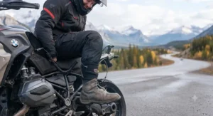 Motorcyclist on a long-distance touring trip utilizing 12V hard-wired socks for continuous heat.