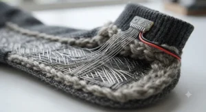 Close-up of flexible heating elements integrated into the fabric of performance motorcycle socks.