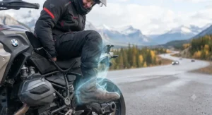 A rider in winter gear testing heated socks to combat cold Canadian wind chill on the highway.